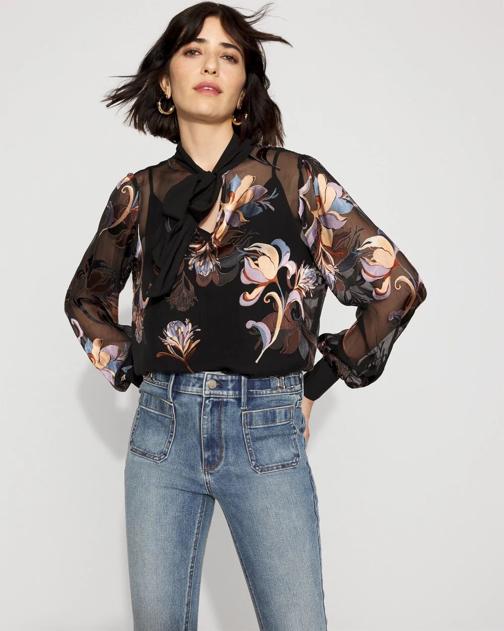 Floral Silk Burnout Tie-Neck Blouse | White House Black Market